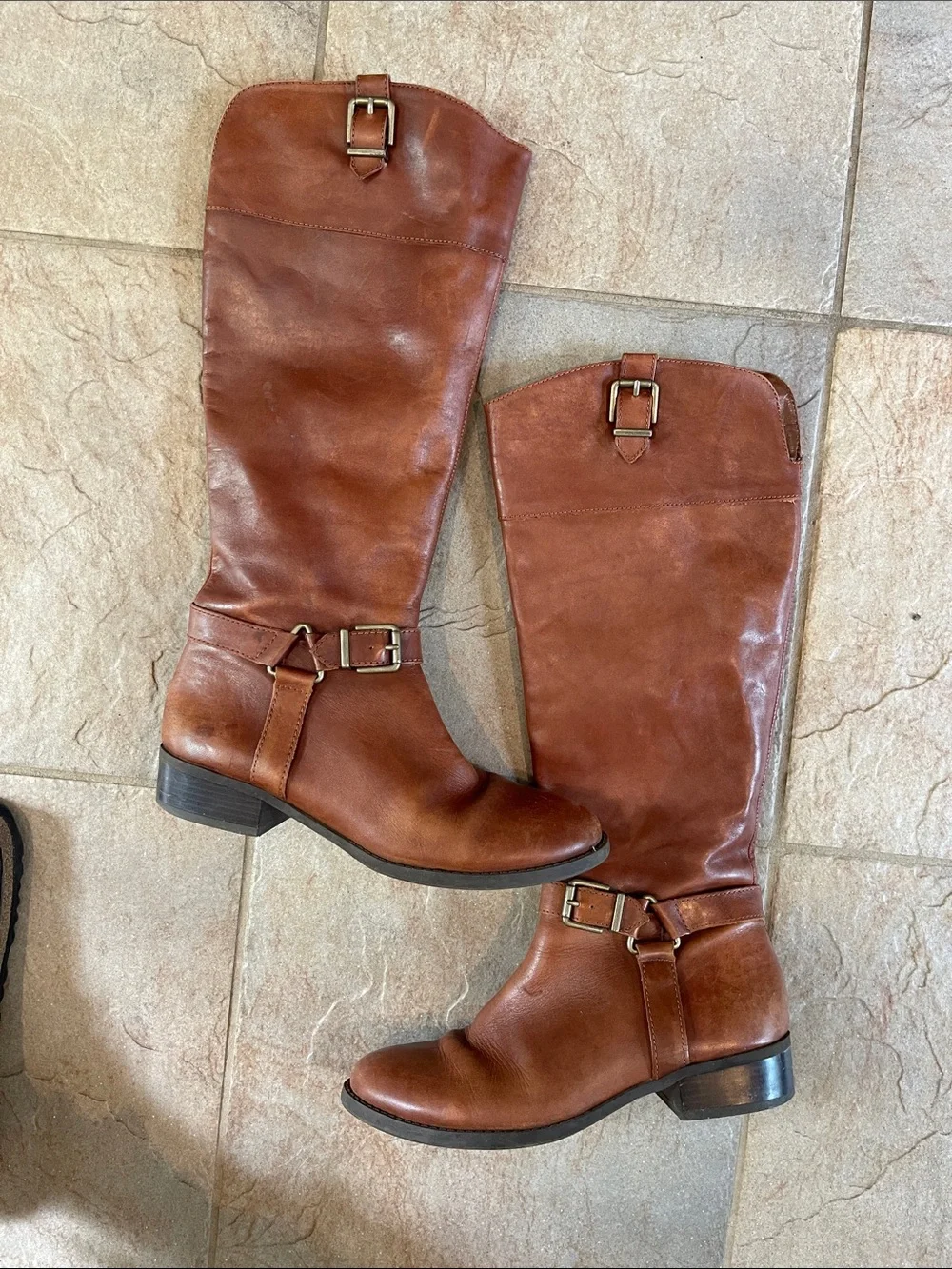 INC International Concepts Women's Tall Cognac Buckle Riding Boots leather